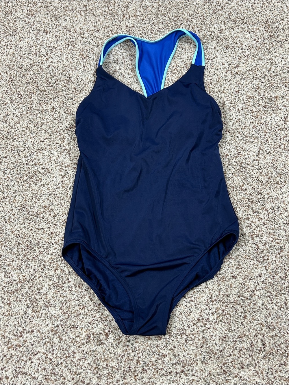 Lands' End Navy One-Piece Swimsuit with Aqua Trim